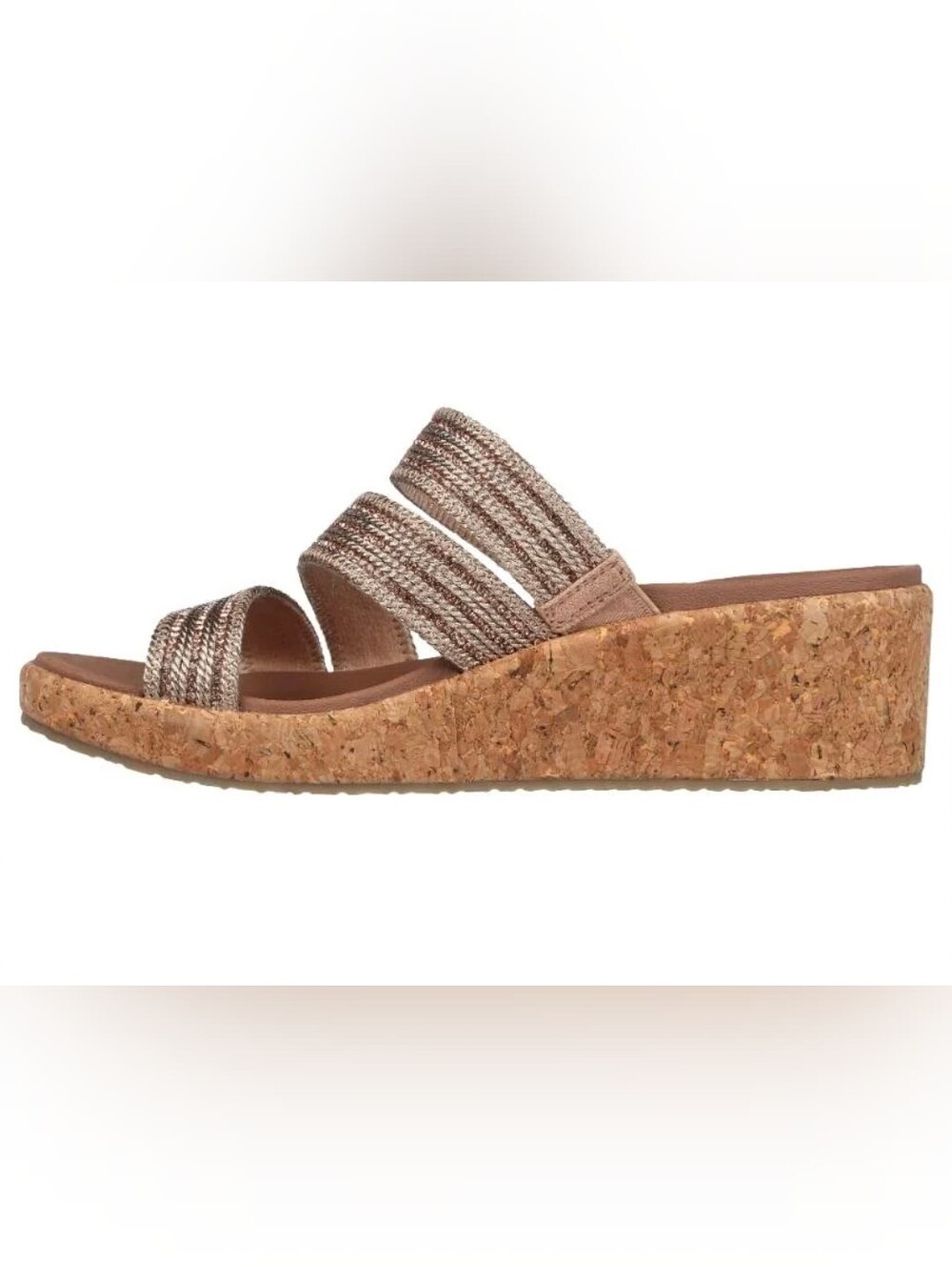 Skechers Arch Fit Taupe Woven Elastic-Strap Cork Wedge Sandal "Always Classy"